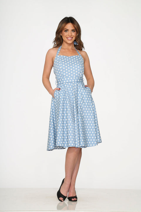 Lyseblå&Hvid Swingkjole med Prikker-1