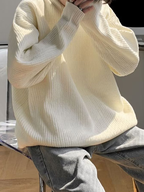 Men's Knit Solid Color Loose Sweater-1