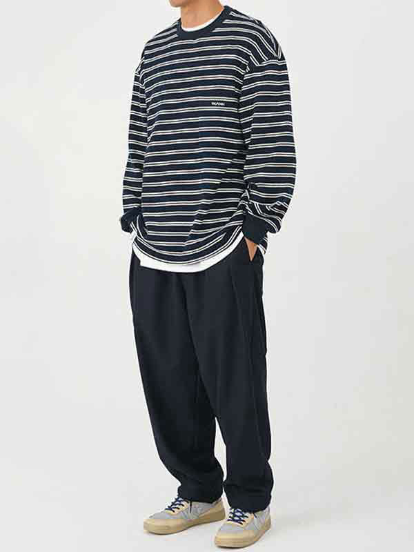 Men's Stripe Print Pull Over Long Sleeve Tee-1