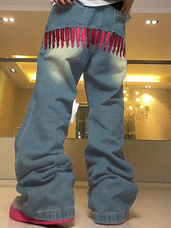 Men's Pink Bullet Embroidery Ripped Loose Jeans-3