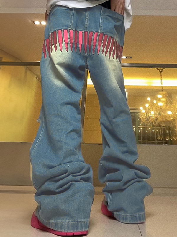 Men's Pink Bullet Embroidery Ripped Loose Jeans-1