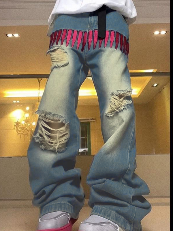 Men's Pink Bullet Embroidery Ripped Loose Jeans-2