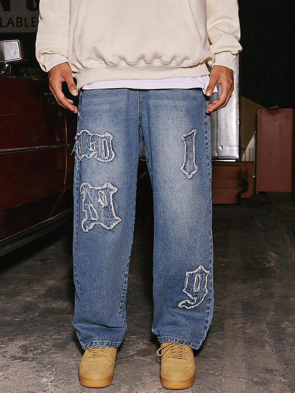 Men's Letter Patch Embroidery Straight Leg Jeans-2