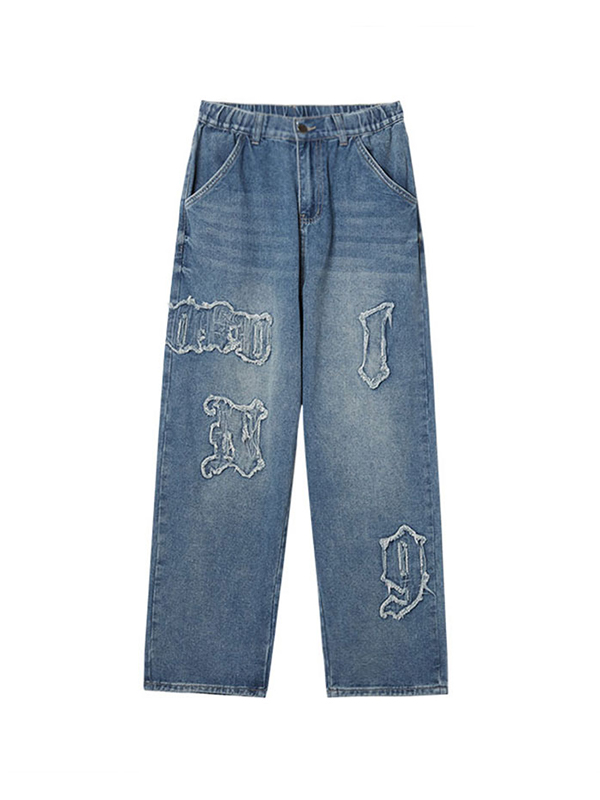 Men's Letter Patch Embroidery Straight Leg Jeans-5