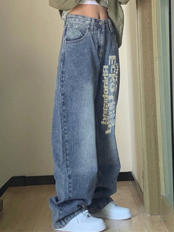 Washed Letter Print High Waist Boyfriend Jeans-2