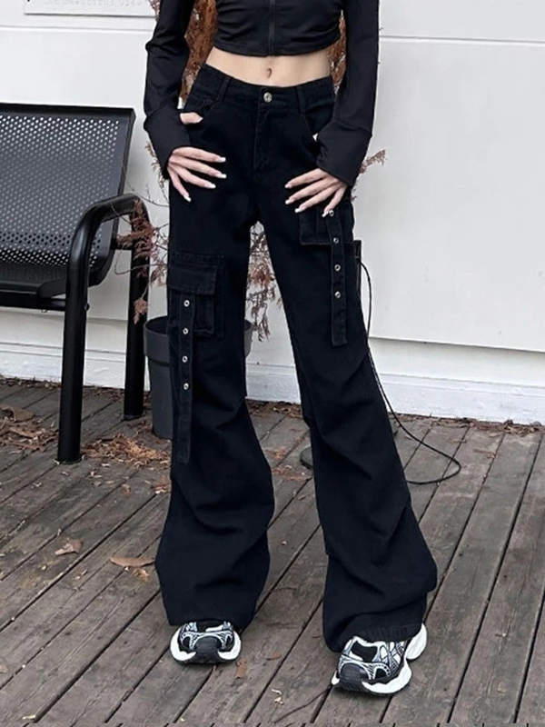 Multi Pocket Eyelet Design Cargo Jeans-2