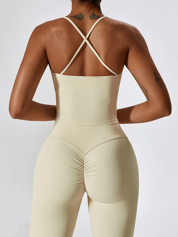 Sporty Solid Quick Dry Cami Top&Flared Pants Set-4