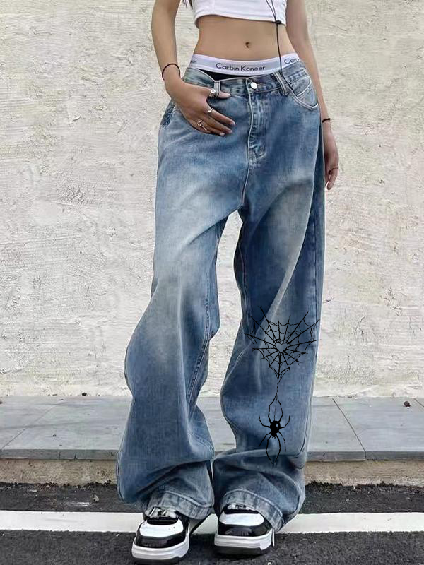 Spider Print Vintage Blue Wide Leg Boyfriend Jeans-1