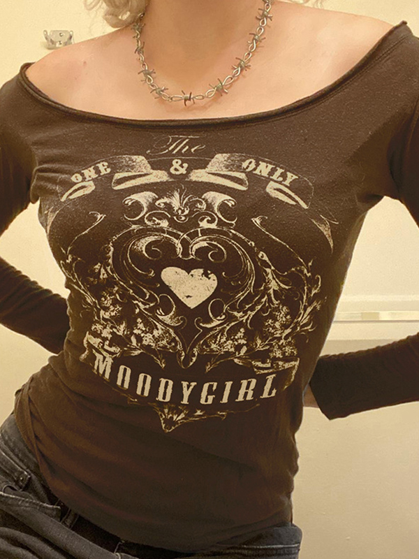 Vintage Heart Print Off Shoulder Long Sleeve Tee-2