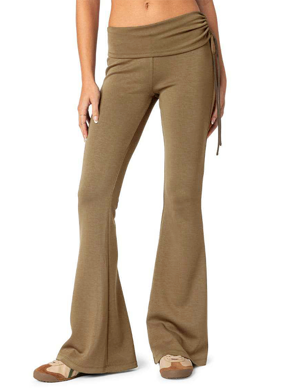 Solid Ruched Drawstring Flare Leg Pants-2