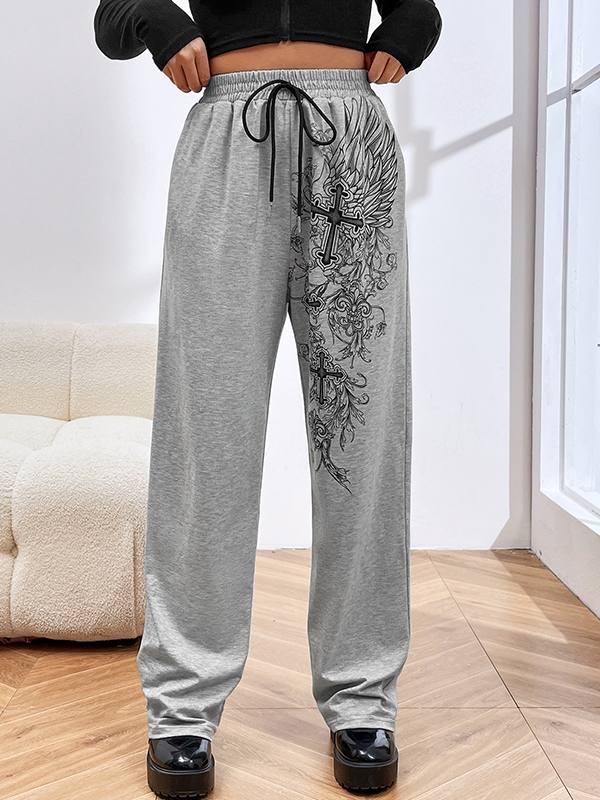 Cross Print Drawstring Sweatpants-1
