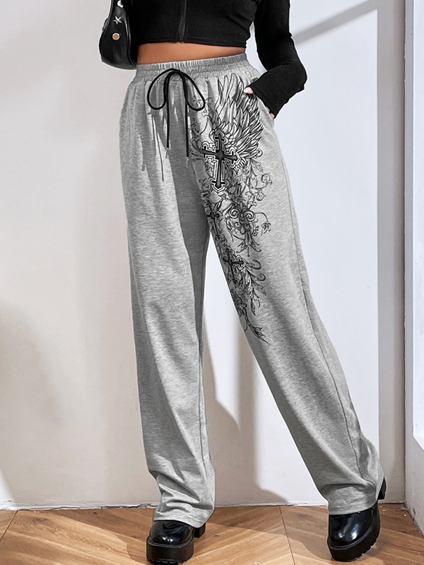Cross Print Drawstring Sweatpants-2