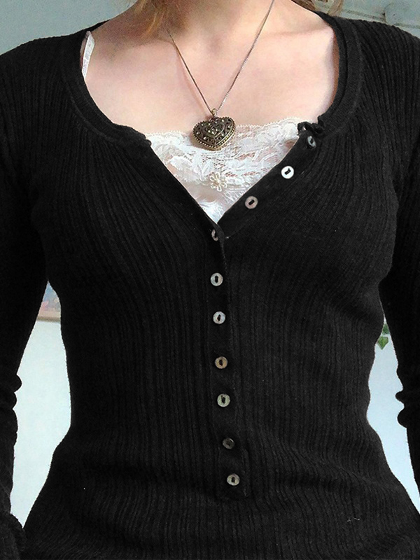 Lace Paneled Button Long Sleeve Knit Top-2
