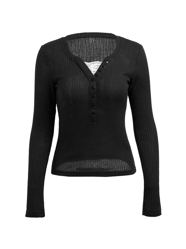 Lace Paneled Button Long Sleeve Knit Top-3