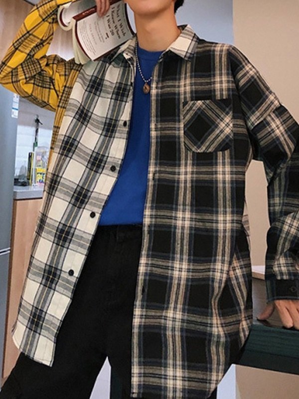 Men's Color Block Checkered Long Sleeve Shirt-2