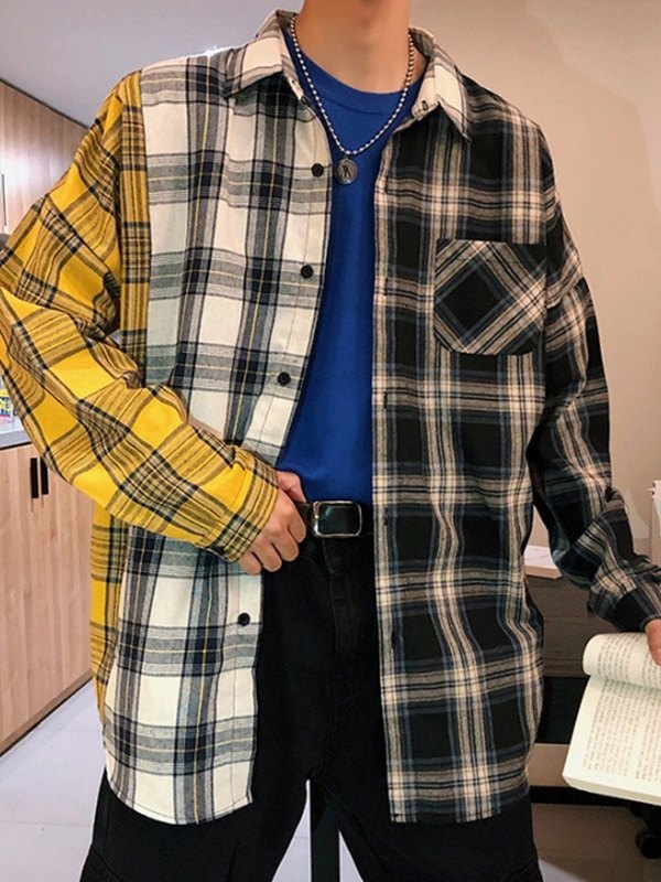 Men's Color Block Checkered Long Sleeve Shirt-4