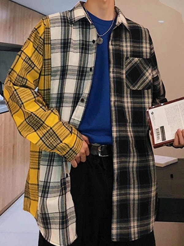 Men's Color Block Checkered Long Sleeve Shirt-3