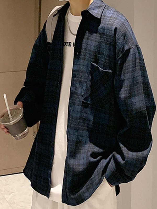 Men's Checkered Long Sleeve Button Down Shirts-3