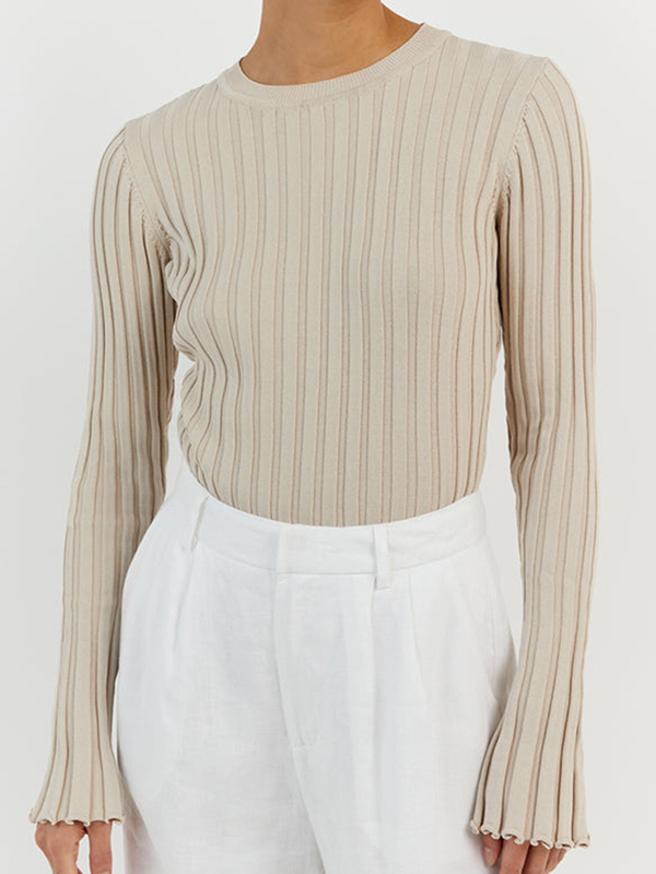 Solid Ribbed Crew Neck Long Sleeve Knit-1