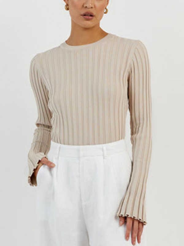 Solid Ribbed Crew Neck Long Sleeve Knit-2