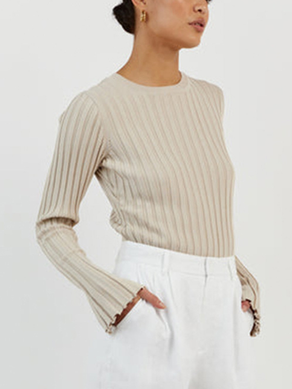 Solid Ribbed Crew Neck Long Sleeve Knit-4