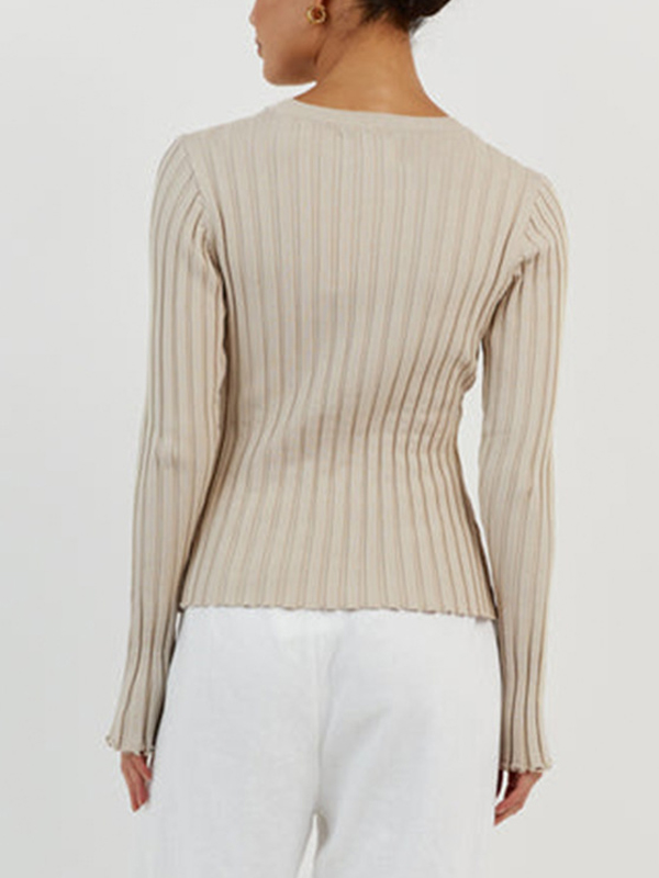 Solid Ribbed Crew Neck Long Sleeve Knit-5