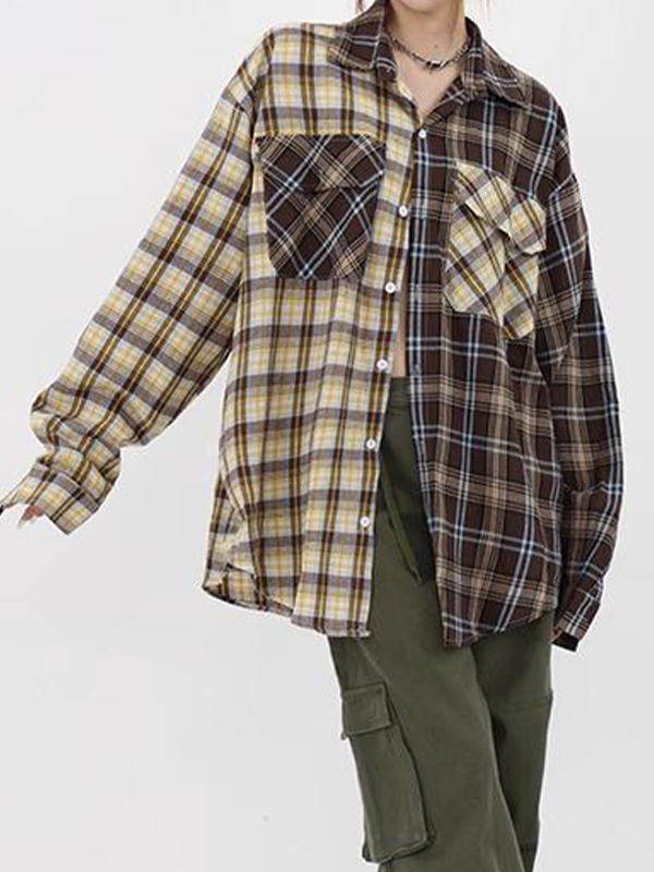 Vintage Plaid Splice Long Sleeve Blouse-4