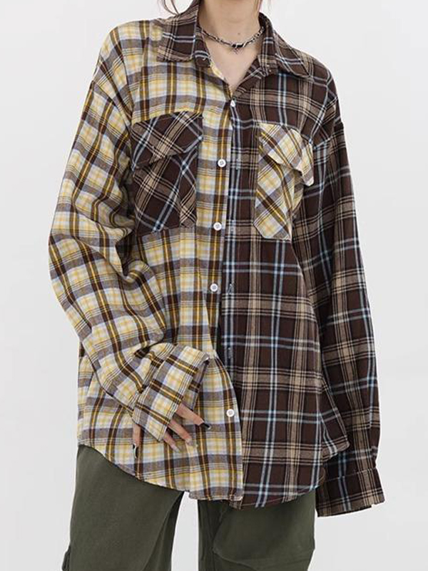 Vintage Plaid Splice Long Sleeve Blouse-2