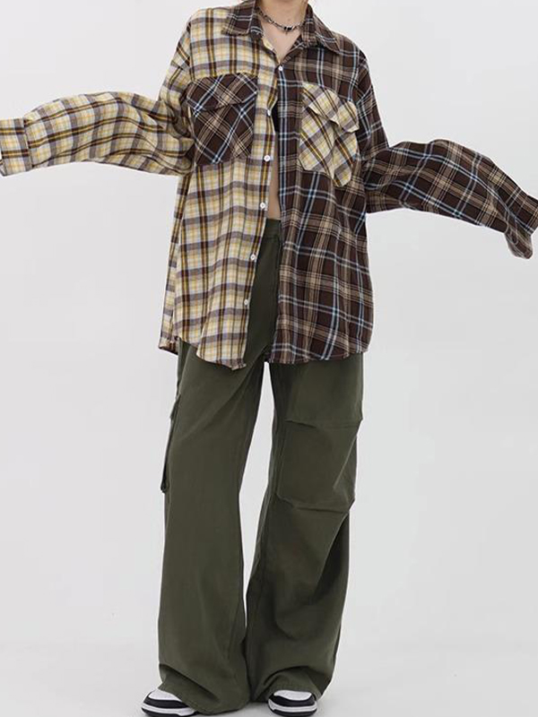 Vintage Plaid Splice Long Sleeve Blouse-5