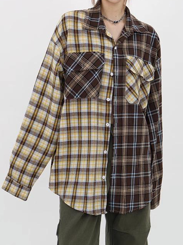 Vintage Plaid Splice Long Sleeve Blouse-1