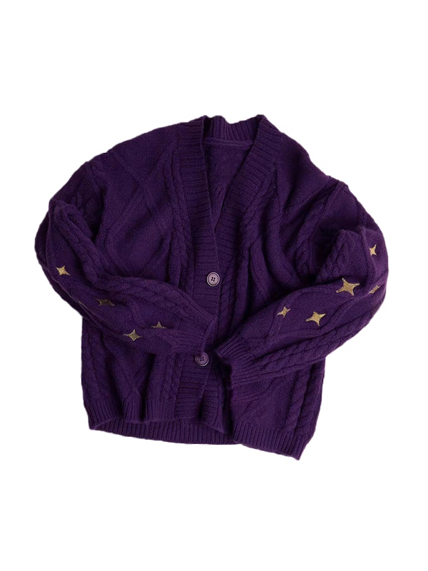Star Embroidered Print Cable Knit V Neck Cardigan-2