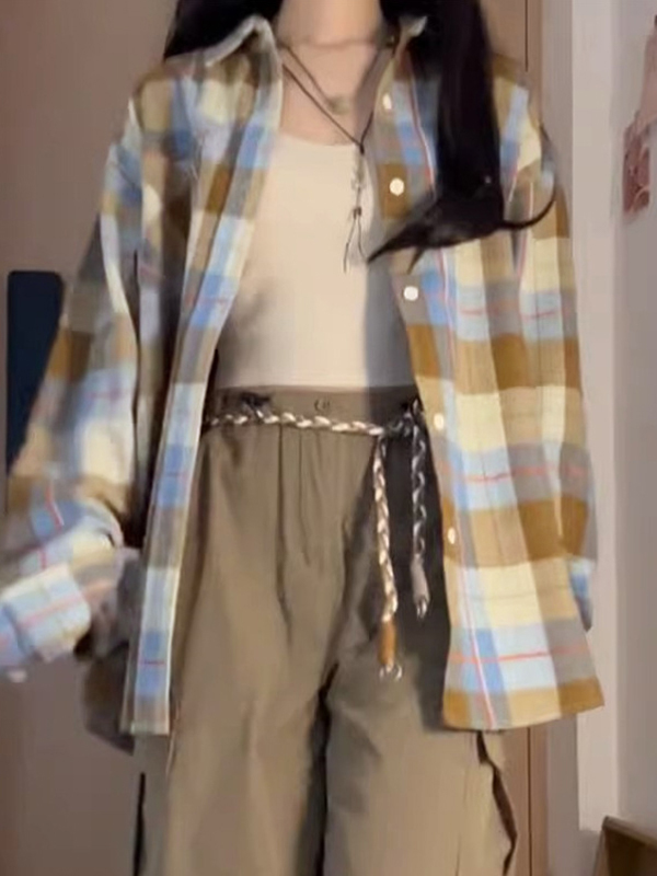 Vintage Contrast Plaid Print Long Sleeve Blouse-1