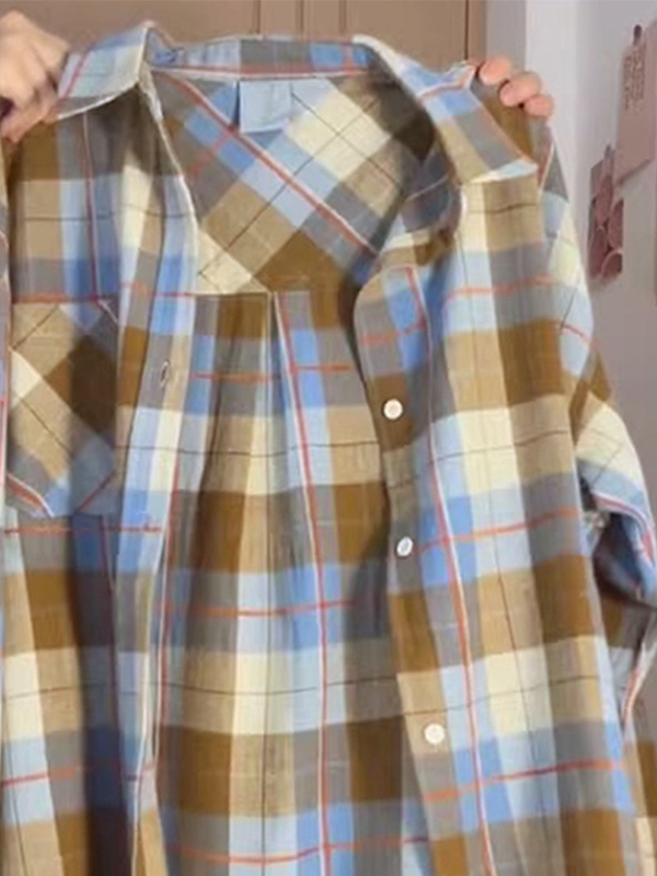 Vintage Contrast Plaid Print Long Sleeve Blouse-4